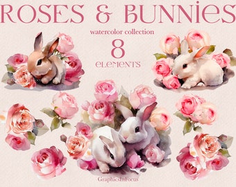Watercolor Bunny & Pink Roses Clipart: Animal Illustrations (Digital Download)