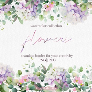 Bordo di fiori di ortensia , Clipart matrimonio , Bordo senza soluzione di continuità , Sfondo trasparente , Clipart acquerello , Uso commerciale fino a 100 pezzi