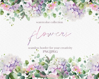 Watercolor Hydrangea Flower Border: Seamless Wedding Clipart (PNG, JPEG)