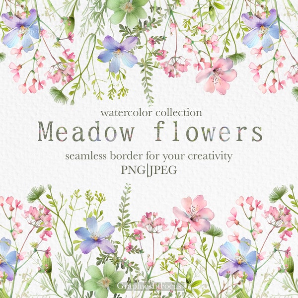 Meadow flowers clipart , Seamless border , watercolor flowers clipart , Digital download ,Wedding Clipart ,  Commercial use up 100 pieces