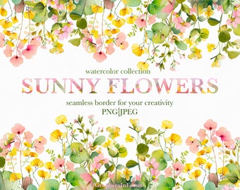 Watercolor Spring Flowers Border: Seamless Floral Clipart (PNG, JPEG)