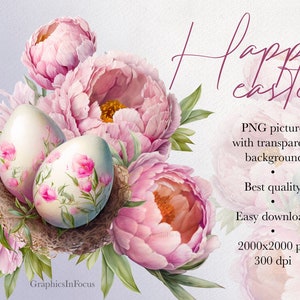 Joyeux clipart de Pâques, œufs de Pâques avec fleurs de pivoines, clipart aquarelle, image PNG avec fond transparent, Rose, oeufs de Pâques