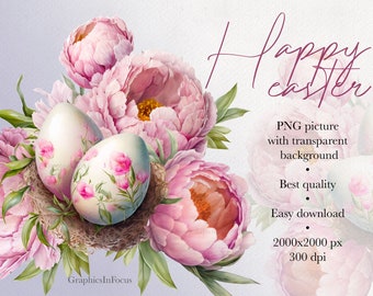 Watercolor Easter Egg Clipart: Peonies Flowers PNG (Digital Download)