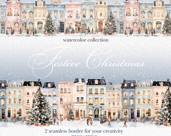 Borde sin costuras de casas navideñas festivas, 2 bordes de invierno, clipart de acuarela, imagen de alta calidad, clipart de Navidad, fácil de usar