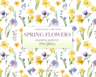 Watercolor Spring Flowers Seamless Pattern: Daffodils, PNG, JPEG (Commercial Use)