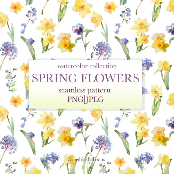 Spring flowers seamless pattern , flowers clipart , watercolor clipart , daffodil pattern , Flowers pattern , Commercial use up 100 pieces