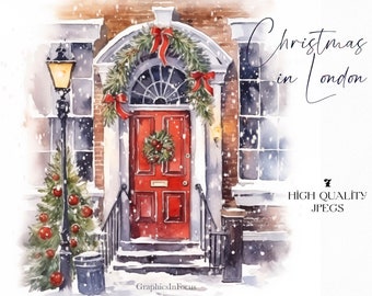 Christmas Doors Watercolor Clipart: London Holiday Scenes (Digital Download)