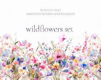 Watercolor Wildflowers Clipart Set: Floral Borders & Bouquets (Digital Download)