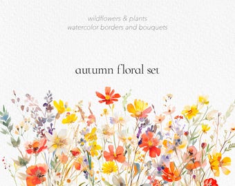 Watercolor Autumn Floral Clipart: Borders & Bouquets (Digital Download)