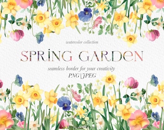 Watercolor Spring Flowers Seamless Border: Floral Clipart (Digital Download)