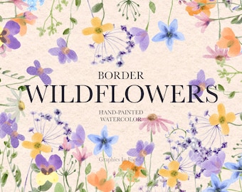 Akvarell vildblommig kant Clipart: Handmålad blommig PNG (digital nedladdning)