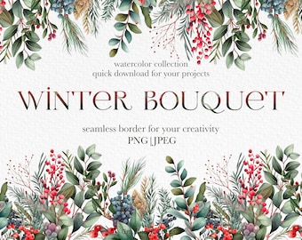 Ramo de invierno, borde navideño con acebo y eucalipto, borde sin costuras, clipart navideño, descarga digital, uso comercial