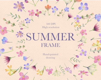 Watercolor Wildflowers Wreath: Floral Frame Clipart (PNG, JPEG)