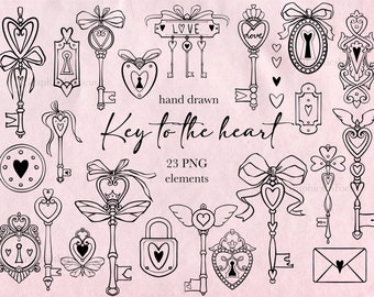 Clipart de llaves de corazón: Elementos PNG de San Valentín dibujados a mano (Descarga digital)
