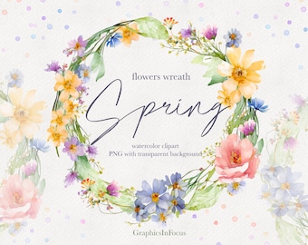 Watercolor Spring Flower Wreath Clipart (PNG File)