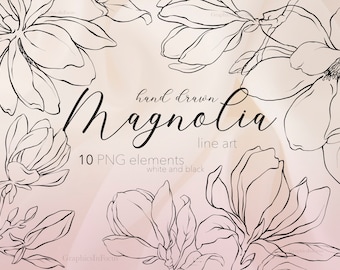 Magnolia Flowers Hand Drawn, Line art, Clipart  Element Floral  Flower Leaves Clipart t Line Art Wedding Clipart  White and black elements