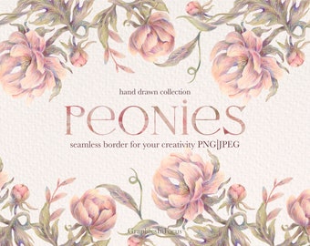 Hand-Drawn Peonies Seamless Border: Floral Clipart (Digital Download)