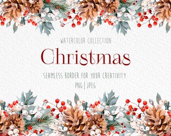 Ilustración invernal con pino, borde sin costuras, imágenes prediseñadas navideñas, colección de acuarelas, descarga digital, uso comercial permitido.