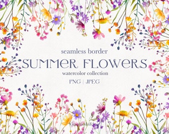 Watercolor Wildflower Border: Seamless Floral Clipart (Digital Download)