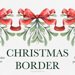 Kerst grens PNG clipart, Kerst bloemengrens met Maretak, aquarel clipart, aquarel vakantie clipart, rode strikken, groen