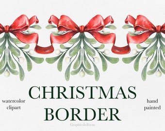 Christmas Mistletoe Border Clipart: Watercolor Red Bows (PNG Digital Download) Hand drawn , watercolor