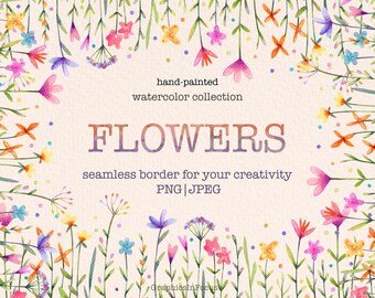 Watercolor Wildflowers Clipart: Seamless Floral Border (Digital Download)