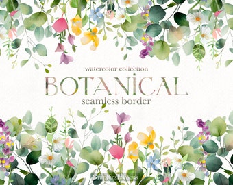 Borde de flores botánicas, Borde sin costuras, Clipart de plantas y flores de acuarela, Descarga digital, Uso comercial hasta 100 piezas