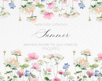 Flowers seamless border , Watercolor collection , Flowers clipart , high quality picture , Digital download , Commercial use up 100 pieces