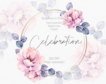 Watercolor Peonies Frame Clipart: Pink Floral Wedding Invitation (Digital Download)
