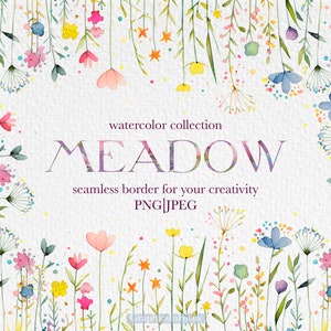 Clipart prairie et fleurs sauvages, bordure de fleurs sans couture, clipart fleurs aquarelles, téléchargement numérique, utilisation commerciale jusqu'à 100 pièces
