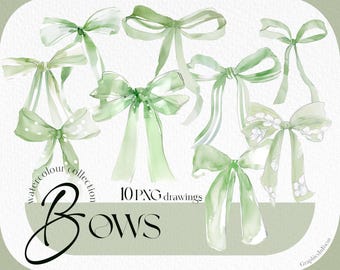 Watercolor Green Bow Clipart: Party Card Graphics (Digital Download)