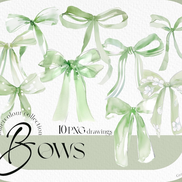 Clipart con fiocco verde acquerello: grafica per biglietti di auguri per feste (download digitale)