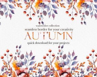 Borde floral otoñal sin costuras: Clipart de hojas de otoño (Descarga digital)