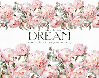 Watercolor Peony Clipart: Seamless Flower Border (Digital Download)