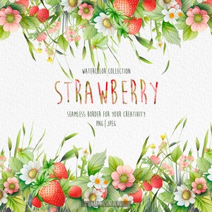 Bordure de fraises et de fleurs, clipart d'été, clipart aquarelle, bordure transparente, téléchargement rapide, utilisation commerciale jusqu'à 100 pièces