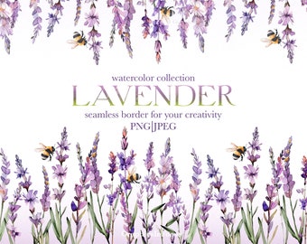Watercolor Lavender Border Clipart: Seamless Floral Design (PNG, JPEG)