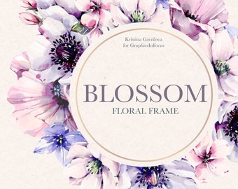 Watercolor Floral Frame Clipart: Pink Flowers, Wedding Invitations (PNG, JPEG)