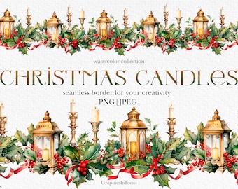 Watercolor Christmas Border: Holly and Candles Clipart (Digital Download)