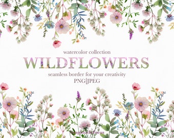 Imágenes prediseñadas de flores silvestres, borde de flores silvestres de acuarela, borde sin costuras, diseño previo para invitación, uso comercial de hasta 100 piezas de producto