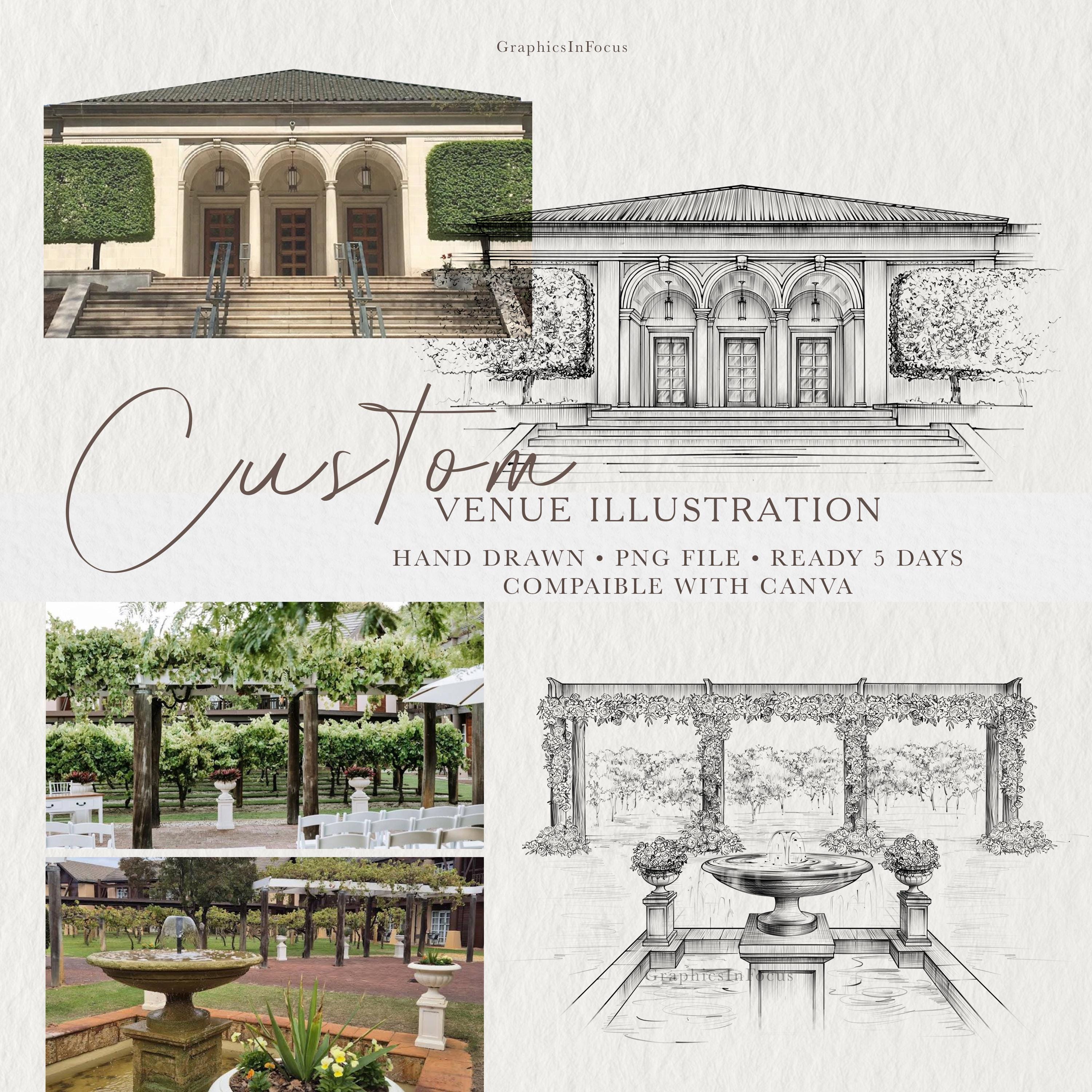 Custom Wedding Venue Illustration , Individual Drawing From the Photo ...