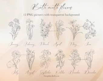 Birth Month Flowers Clipart: Hand Drawn Line Art (12 PNG)