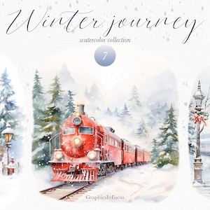 Winter Reise , Weihnachten Cliparts , 7 hochwertige PNGs Bilder , Aquarell Sammlung , Digitaler Download , Kommerzielle Nutzung bis 100 Stück
