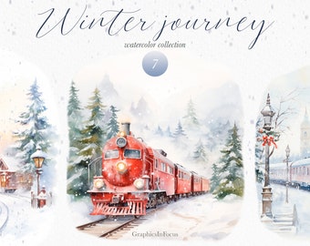 Christmas Train Clipart: Winter Watercolor PNG Collection (Digital Download)
