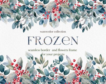 Winter Berries Watercolor Clipart: Seamless Border (Digital Download)