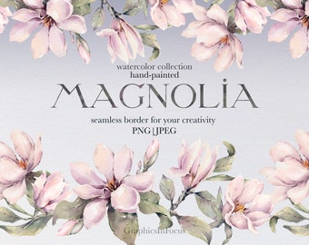 Watercolor Magnolia Flower Border Clipart (Digital Download), hand drawn, best quality
