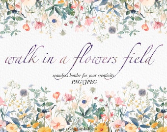 Flowers seamless border , Flowers clipart , high quality , wildflowers clipart , Digital download , Commercial use up 100 pcs