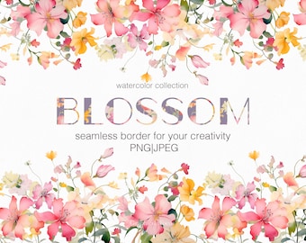 Borde sin costuras de flores de acuarela: Clipart de flores de primavera (Descarga digital)