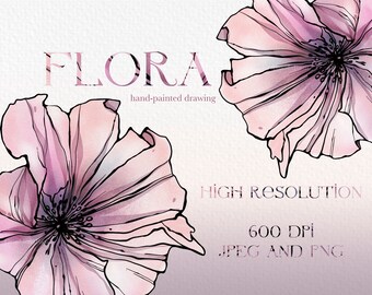 Clipart de flor rosa dibujada a mano: Acuarela floral PNG (Descarga digital)