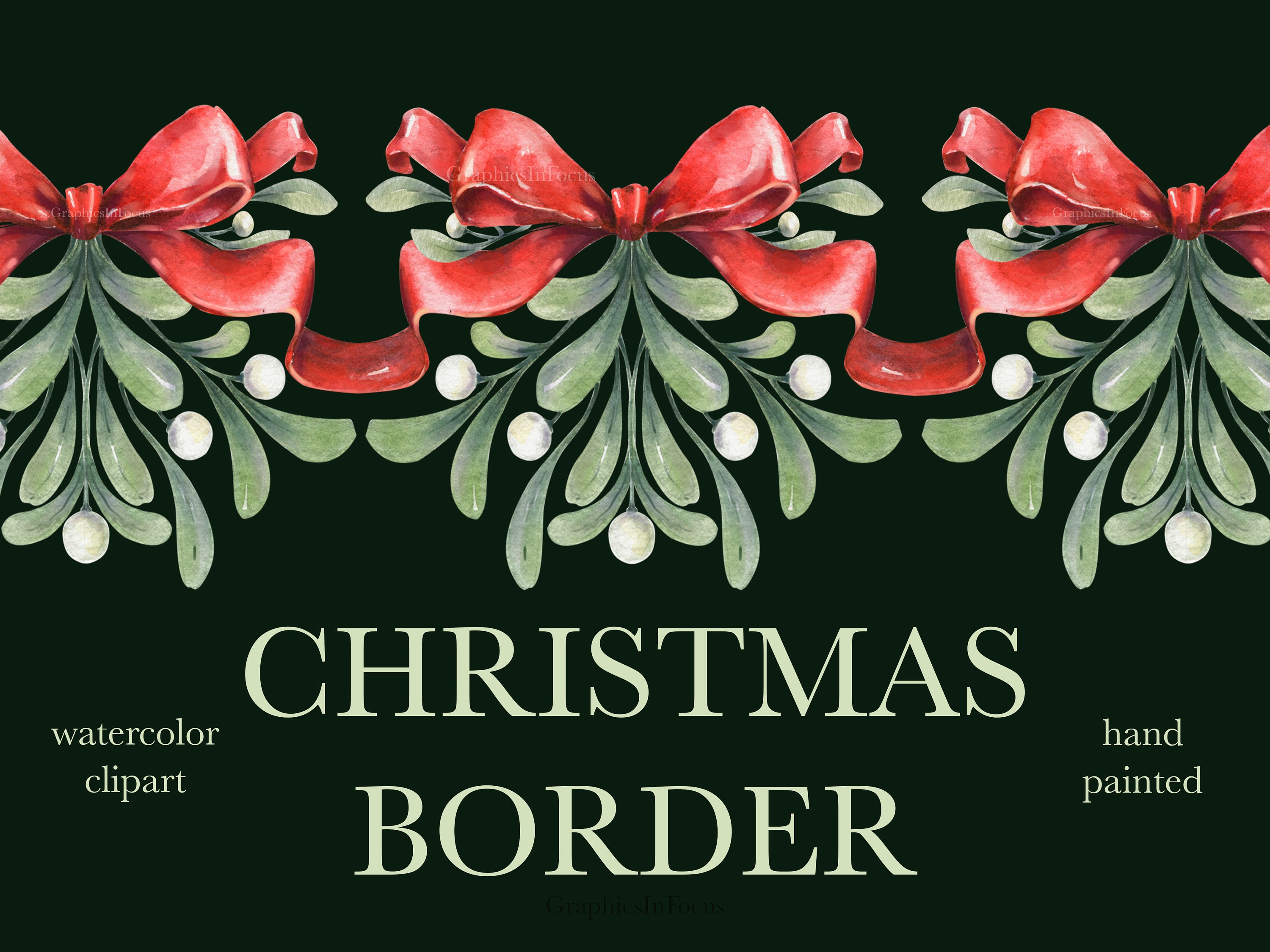Christmas Mistletoe Border Clipart: Watercolor Red Bows (PNG Digital ...
