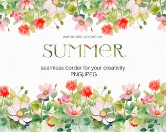 Borde sin costuras de flores de acuarela: Clipart de verano (Descarga digital)